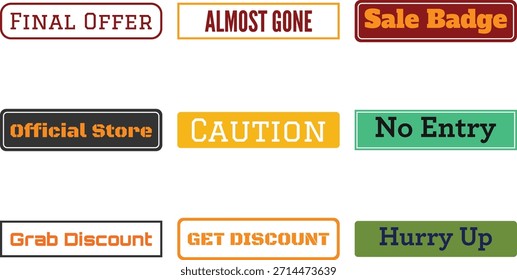 Nine rectangular labels with various sale and discount messages isolated on transparent background