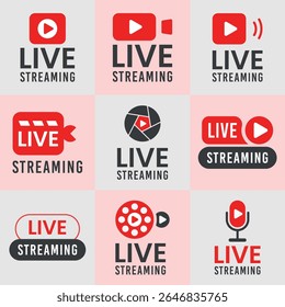 Nueve Logos de Transmisión en Vivo Rojo y Gris Vector