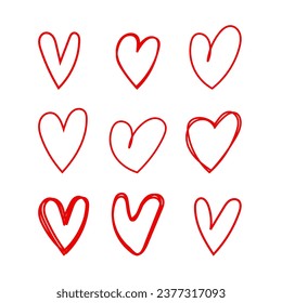 Nine Red hand drawn hearts. Pencil drawn hearts. Vector illustration