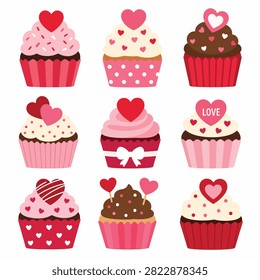 Nine red heart shaped cupcakes decorated with pink frosting and red sprinkles arranged in a grid pattern