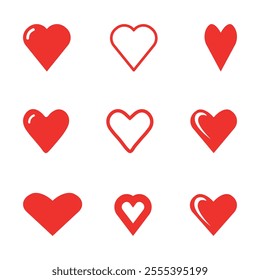 nine red hearts in a cute minimalist design, heart symbols in a symmetrical pattern, vector illustration with bold red color, modern digital art on a white background for graphic design projects

