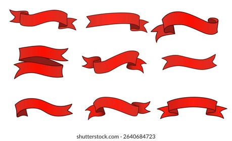 Nine red ribbon banners in various styles. Perfect for branding, advertising, web design, packaging, and promotional graphics. High-quality, scalable, versatile for digital printing