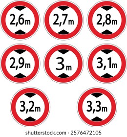 Nine red and white height restriction road signs indicating maximum vehicle heights ranging from 2.6 meters to 3.3 meters.