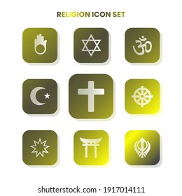 Nine RELIGION icons in one set with white color on gradient and white background. Vector illustration