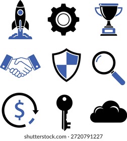 Nove representando vários conceitos de negócios e tecnologia em cores azul e preto foguete de engrenagem