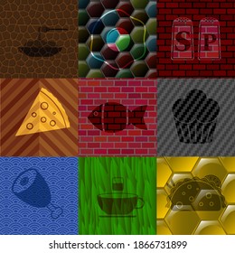 Nine restaurant related set of icons. Delicate background of intense illustrations. 
