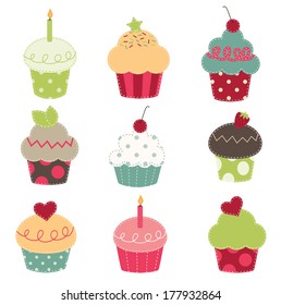 nine retro cupcake cutouts on a transparent background