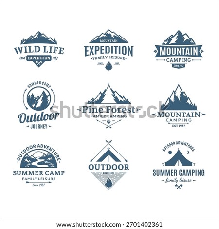 Nine retro style blue camping and outdoor expedition emblem designs