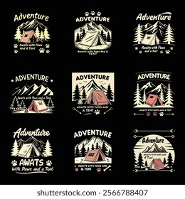 Nine retro-inspired, vintage-style t shirt designs featuring camping scenes with mountains, forests, and tents.