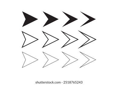 Nine right-facing arrows in different styles, arranged in three rows. The top row is filled, the middle row outlined, and the bottom row has minimalistic designs.