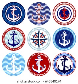 Nine round elements with anchors and a wind rose