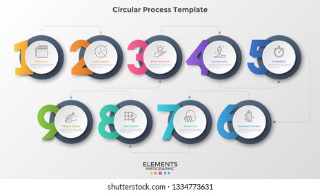 Nine round paper white elements connected by dotted lines and arrows. Concept of 9 successive steps of business process. Modern infographic design template. Vector illustration for presentation.