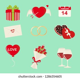 Nine Saint Valentine's symbols set