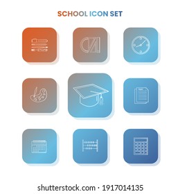 Nine SCHOOL icons in one set with white color on gradient and white background. Vector illustration