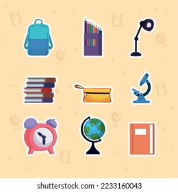 nine school supplies set icons