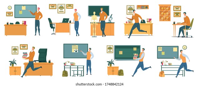 Nine School Teacher Professional Life Situations. One Working Day. Delivering Lecture to Students, Hurrying to Next Class, Getting Ready for Lessons, Carrying Books to Pupils, Changing Plans on Run.