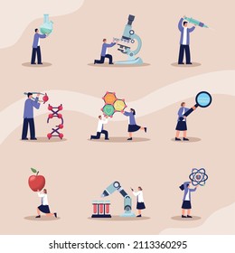 nine scientist with laboratory set icons