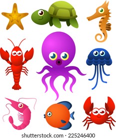 Nine Sea Life animal species icons, like starfish, tortoise, sea horse, scrub, octopus vector illustration. 