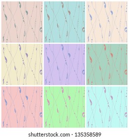 Nine seamless abstract hand-drawn pattern, pastel colors