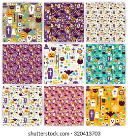 Nine Seamless Halloween Party Patterns Collection. Flat Style Vector Seamless Texture Backgrounds. Collection of Halloween Holiday Templates. Trick or Treat