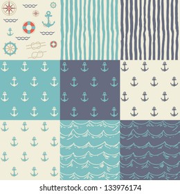 Nine seamless patterns of marine symbols. Use to create quilting patches or seamless backgrounds for various craft projects.