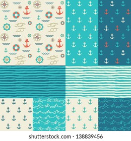 Nine seamless patterns of marine symbols. Use to create quilting patches or seamless backgrounds for various craft projects.