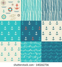 Nine seamless patterns of marine symbols. Use to create quilting patches or seamless backgrounds for various craft projects.