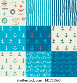 Nine seamless patterns of marine symbols. Use to create quilting patches or seamless backgrounds for various craft projects.