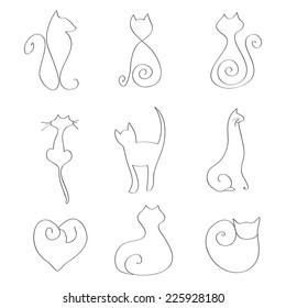 Nine separate original hand drawn elegant line art cat vectors
