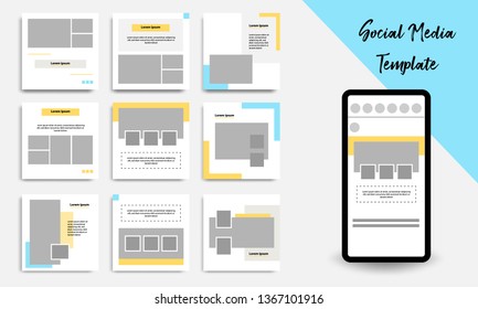 Nine set editable square abstract geometric banner template for social media post.  Minimal design background vector illustration with Golden yellow, blue and white background.