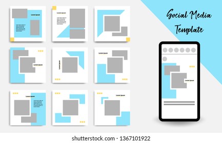 Nine set editable square abstract geometric banner template for social media post.  Minimal design background vector illustration with Golden yellow, blue and white background.