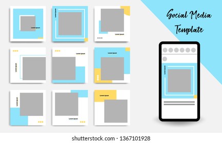 Nine set editable square abstract geometric banner template for social media post. Minimal design background vector illustration with Golden yellow, blue and white background.