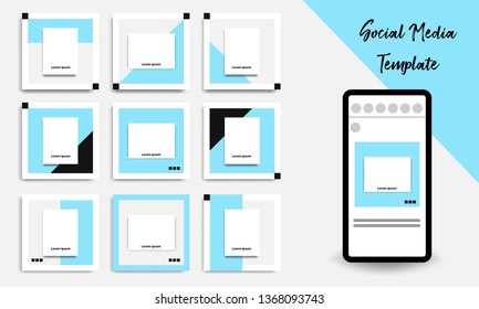 Nine set editable square abstract geometric banner layout template for photo collage social media post.  Minimal design background vector illustration with black, blue and white background.
