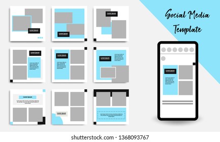 Nine set editable square abstract geometric banner layout template for photo collage social media post.  Minimal design background vector illustration with black, blue and white background.