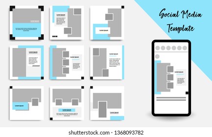 Nine set editable square abstract geometric banner layout template for photo collage social media post.  Minimal design background vector illustration with black, blue and white background.