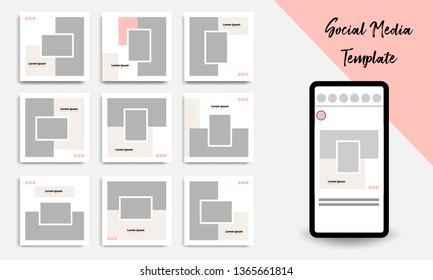 Nine set editable square geometric banner template minimal design background vector illustration in peach, pink, pastel white color. Suitable for social media post, stories, story