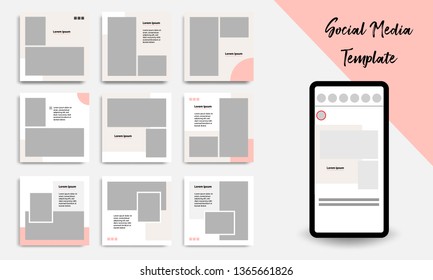 Nine set editable square geometric banner template minimal design background vector illustration in peach, pink, pastel white color. Suitable for social media post, stories, story