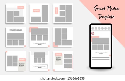 Nine set editable square geometric banner template minimal design background vector illustration in peach, pink, pastel white color. Suitable for social media post, stories, story