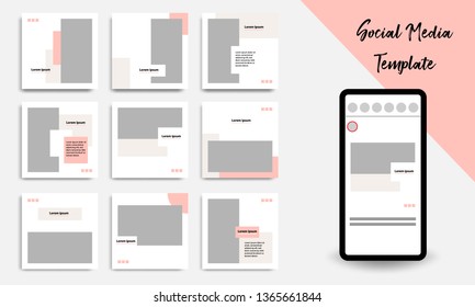 Nine set editable square geometric banner template minimal design background vector illustration in peach, pink, pastel white color. Suitable for social media post, stories, story