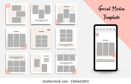Nine set editable square geometric banner template minimal design background vector illustration in peach, pink, pastel white color. Suitable for social media post, stories, story