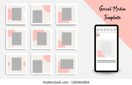 Nine set editable square geometric banner template minimal design background vector illustration in peach, pink, pastel white color. Suitable for social media post, stories, story