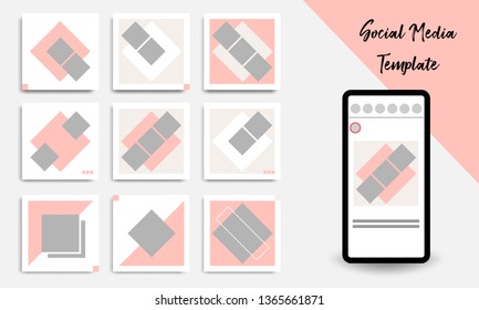 Nine set editable square geometric banner template minimal design background vector illustration in peach, pink, pastel white color. Suitable for social media post, stories, story