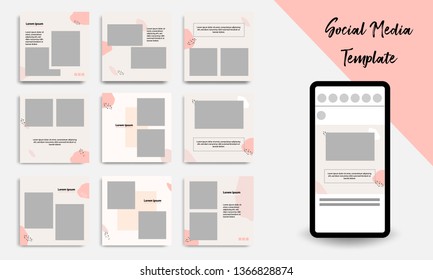 Nine set editable square geometric banner template minimal design background vector illustration in peach, pink, pastel white color. Suitable for social media post, stories, story