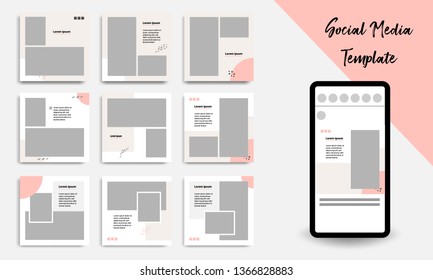 Nine set editable square geometric banner template minimal design background vector illustration in peach, pink, pastel white color. Suitable for social media post, stories, story