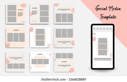 Nine set editable square geometric banner template minimal design background vector illustration in peach, pink, pastel white color. Suitable for social media post, stories, story