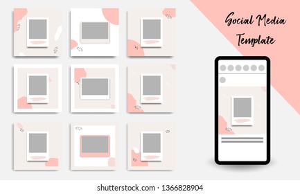 Nine set editable square geometric banner template minimal design background vector illustration in peach, pink, pastel white color. Suitable for social media post, stories, story