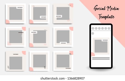 Nine set editable square geometric banner template minimal design background vector illustration in peach, pink, pastel white color. Suitable for social media post, stories, story