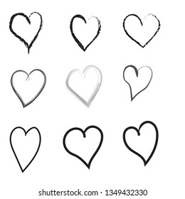 Nine Set Hand Drawn Heart Different Shapes / Illustration