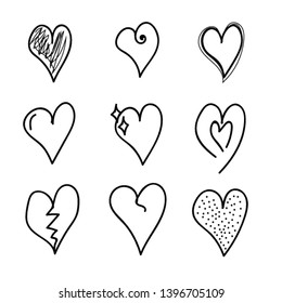 Nine Set Hand Drawn Heart Different Shapes On White Background Vector / Illustration