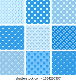 Nine sets of blue seamless geometric patterns. Vector illustration